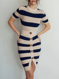 Quiet Luxury Navy & Beige Striped Knit Short Sleeve Dress