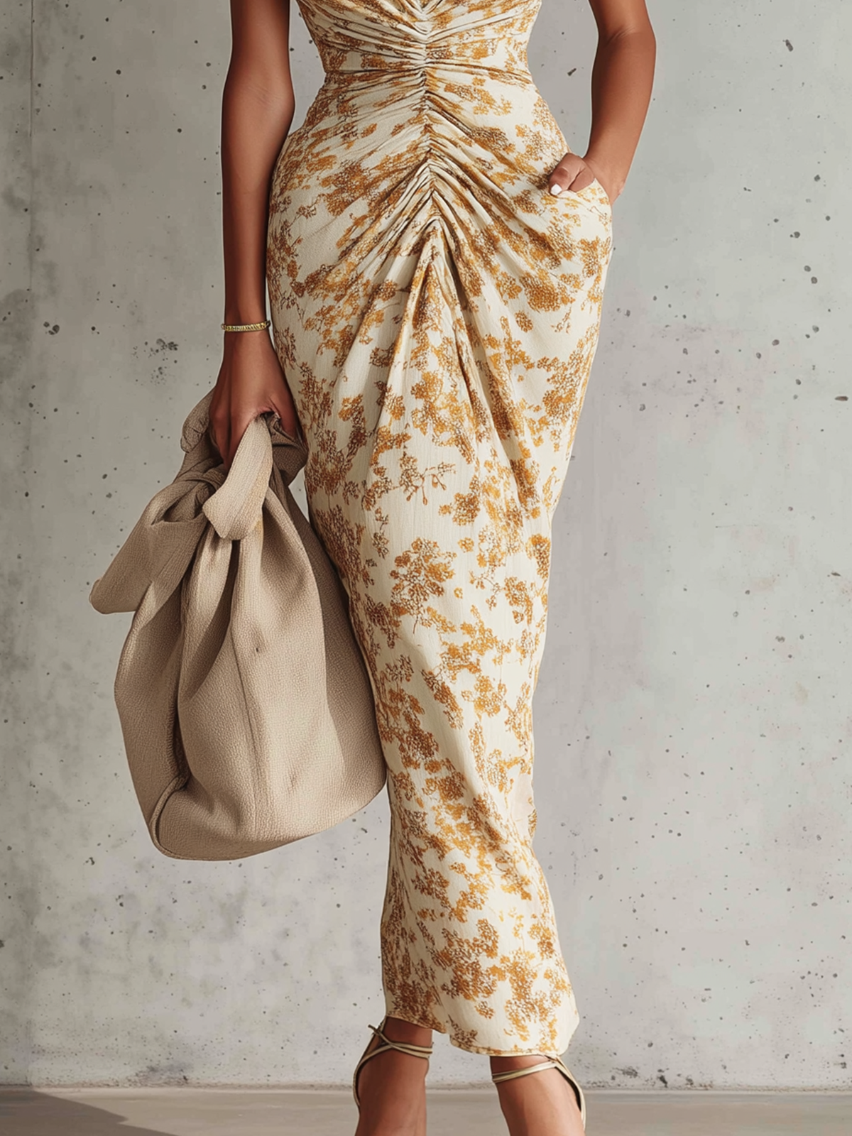 Ruched Floral Print Midi Dress With Puff Sleeves And Draped Silhouette