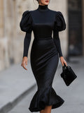 Black Satin Mock Neck Puff Sleeve Mermaid Midi Dress