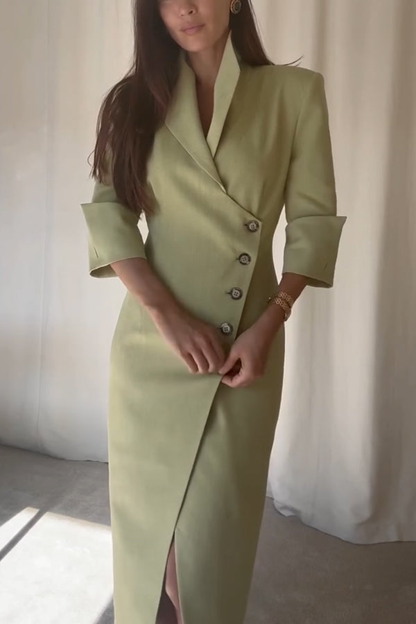 Elegant Look Linen Blend Stand Lapel Neck Half Sleeve Side Button Midi Dress