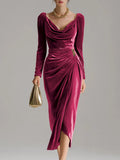Christmas Red Cowl Neck Long Sleeve Fold Elegant Velvet Midi Dresses