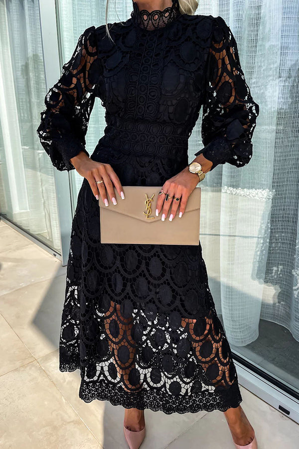 Romantic. Sensual and Elegant Crochet Lace Lantern Sleeve Party Midi Dress