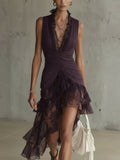 Purple Lace Trim Ruched Dress With Asymmetric Chiffon Hem