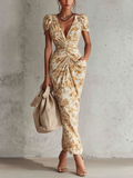 Ruched Floral Print Midi Dress With Puff Sleeves And Draped Silhouette