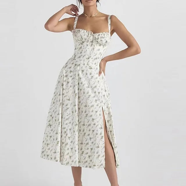 Aurora Floral Corset Midi Dress | Sweetheart Neckline. Slit Skirt. Spaghetti Straps