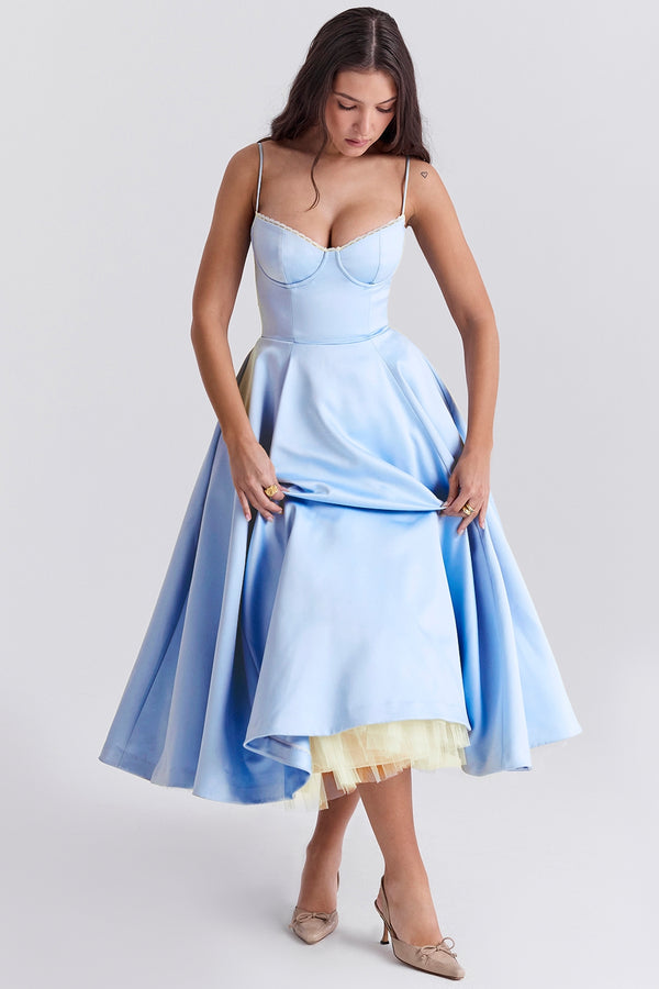 Aurora Sweetheart Midi Dress | A-Line Silhouette | Spaghetti Straps