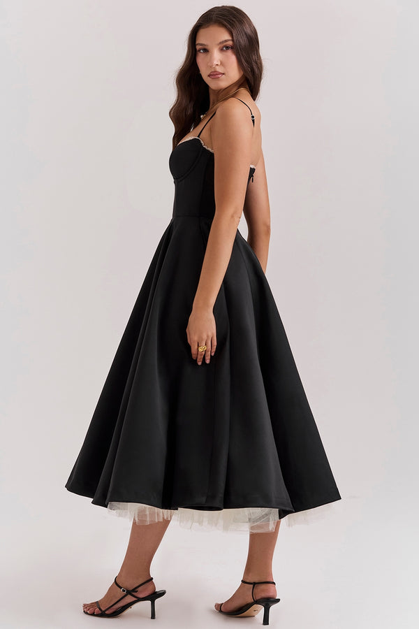 Aurora Sweetheart Midi Dress | A-Line Silhouette | Spaghetti Straps