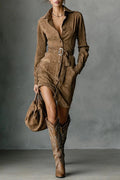 Suede Single Breasted Lapel Long Sleeve Midi Dress(Includes belt)