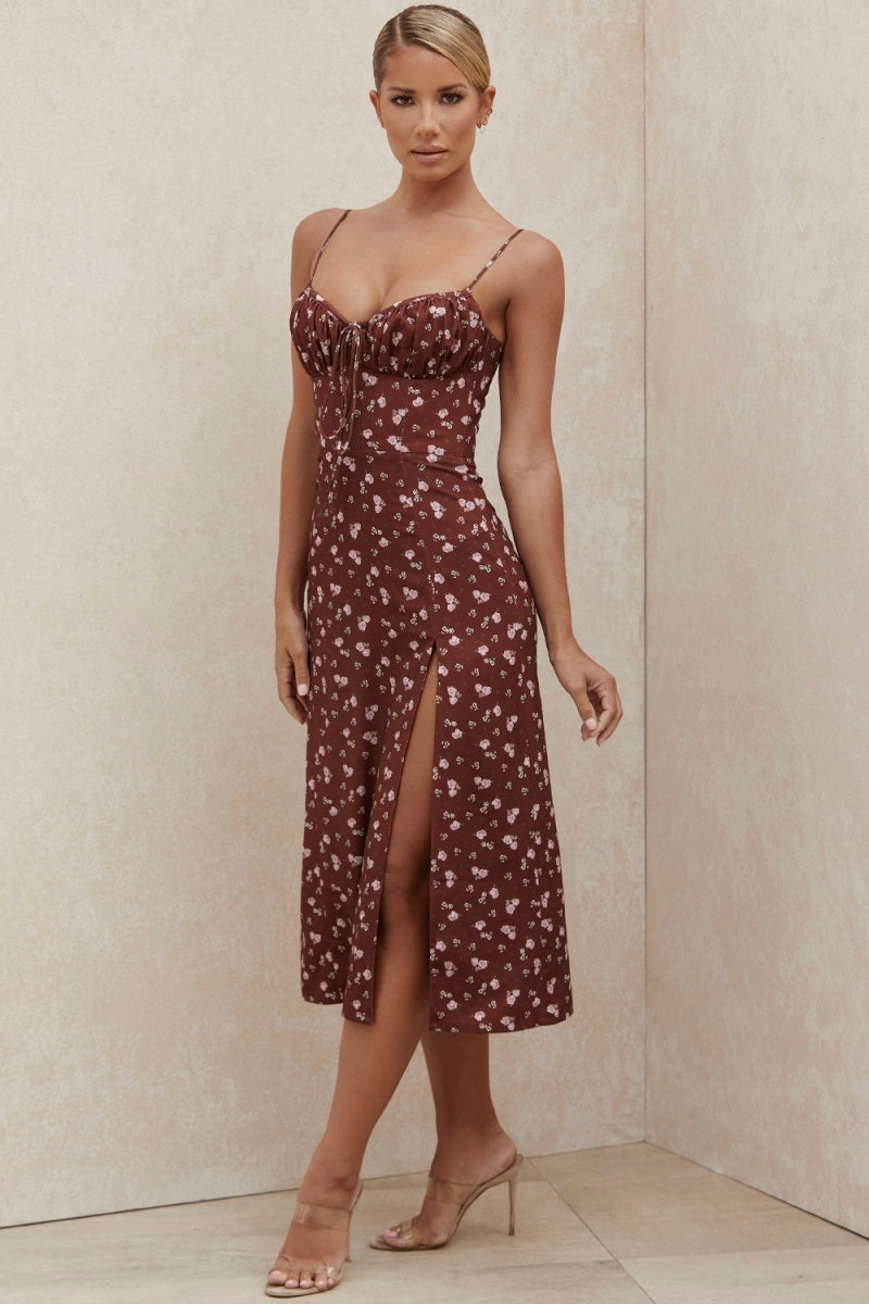 Floral Print Open Back Suspender Midi Dresses