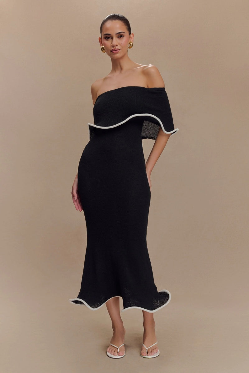 Off-The-Shoulder Contrast Ruffle Midi Dress