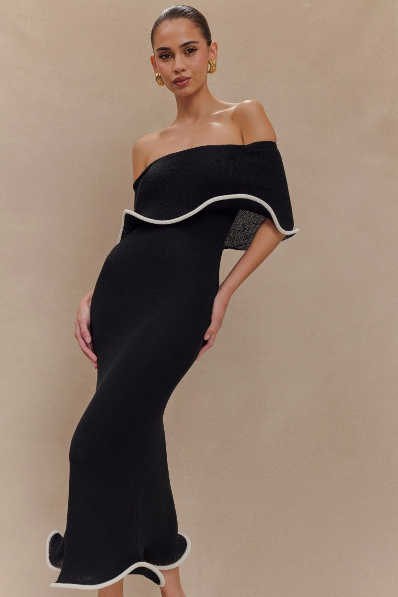 Off-The-Shoulder Contrast Ruffle Midi Dress