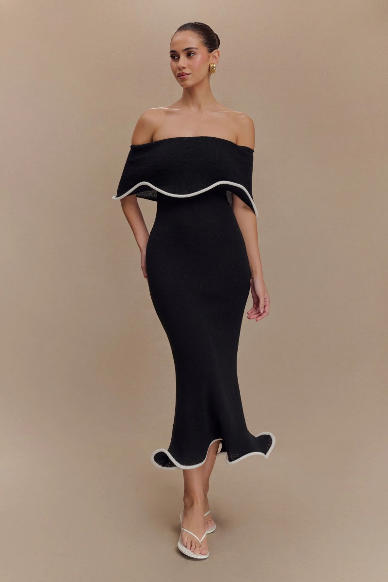 Off-The-Shoulder Contrast Ruffle Midi Dress