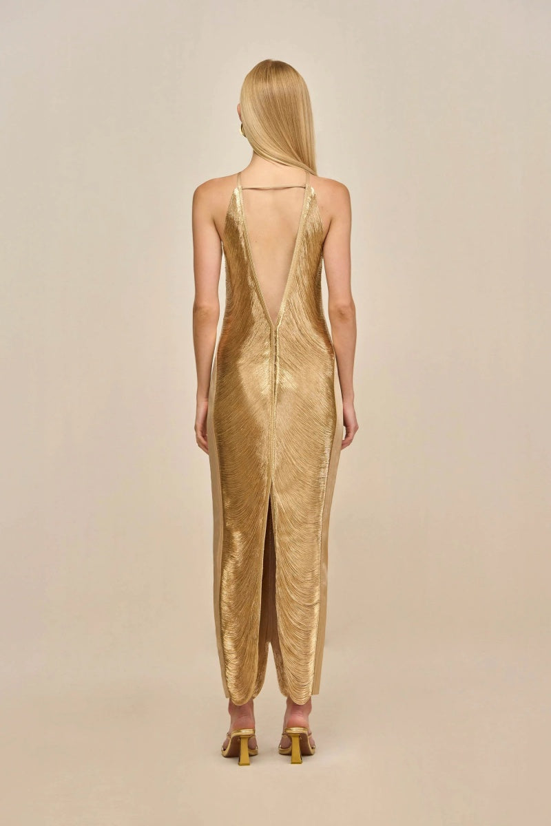 Tassel Back Slit Halterneck Midi Dress