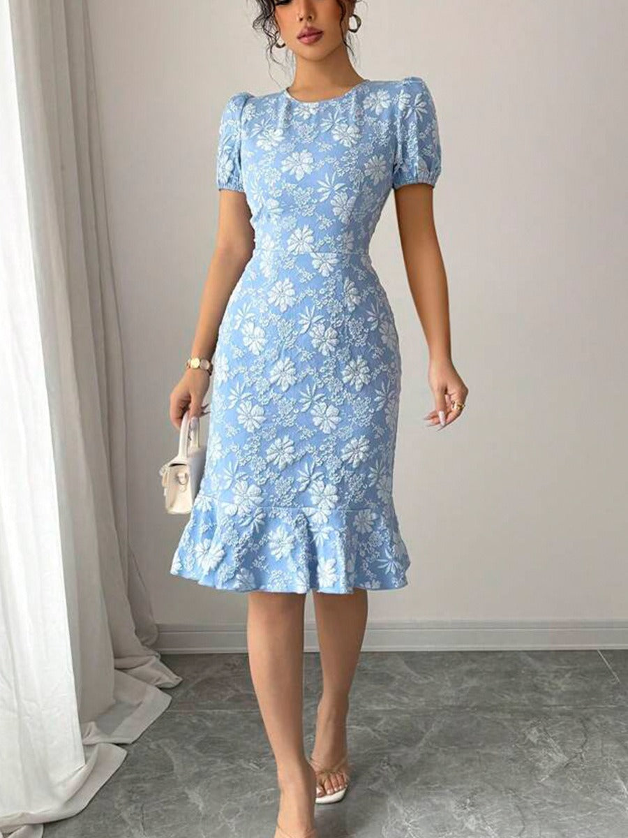 Flattering Slim Fit Flower Textured Puff Sleeves Bodycon Midi Dress