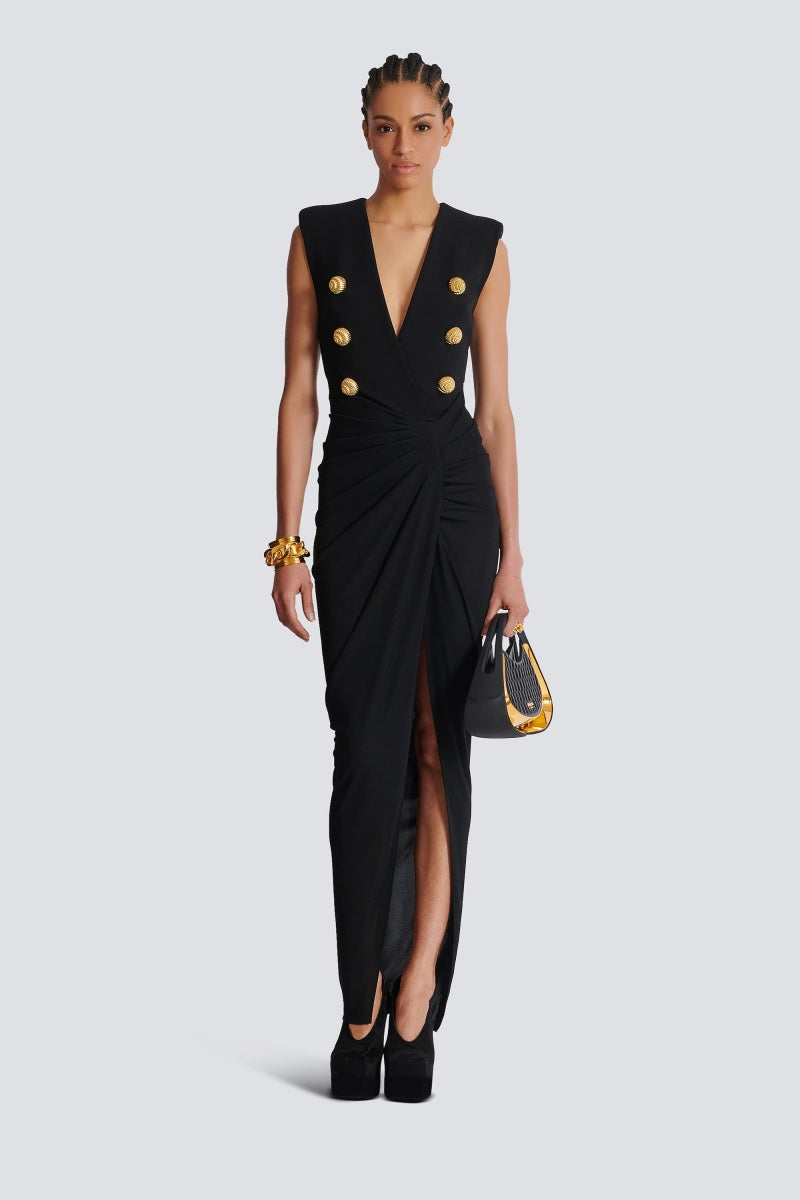 Faux-Button Draped Maxi Dress