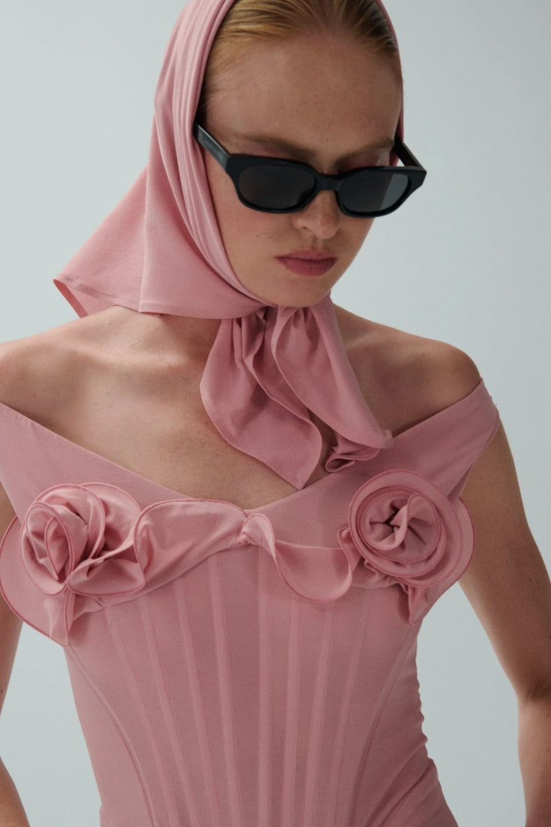 Pink Flower Bustier Midi Dress