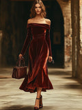 【24-hour shipping out】Fashion Party Off-shoulder Solid Color Velvet Long Sleeve Midi Dress