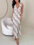 Summer Sexy Printed Halter Neck Backless V-Neck Midi Dress