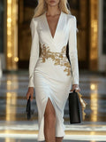 【24-hour shipping out】Elegant and Noble V-neck Waist Detail Print White Slit Midi Dress