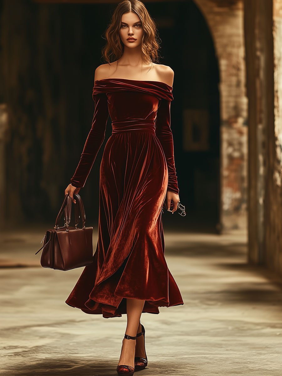 【24-hour shipping out】Fashion Party Off-shoulder Solid Color Velvet Long Sleeve Midi Dress