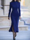 【24-hour shipping out】Fashion Retro Solid Color Stand Collar Button Detail Long Sleeve Slim Midi Dress