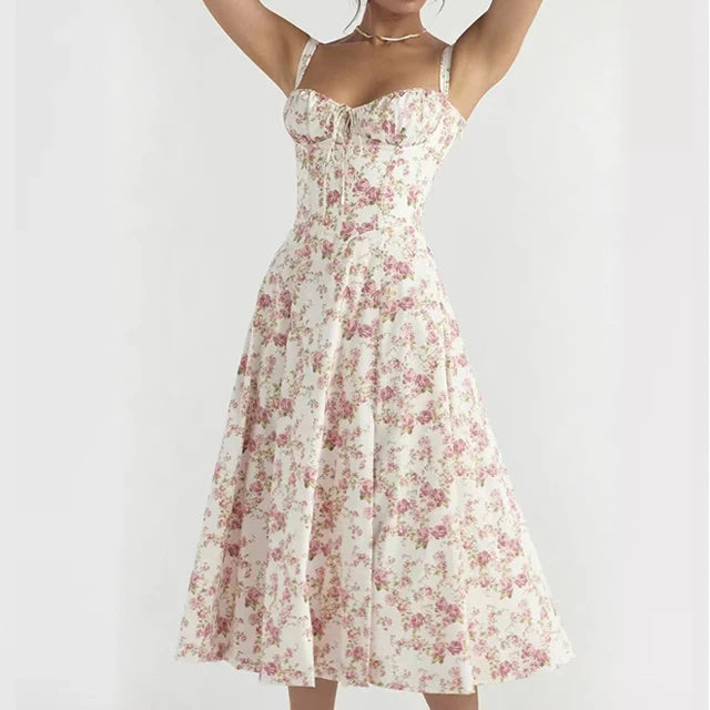 Aurora Floral Corset Midi Dress | Sweetheart Neckline. Slit Skirt. Spaghetti Straps