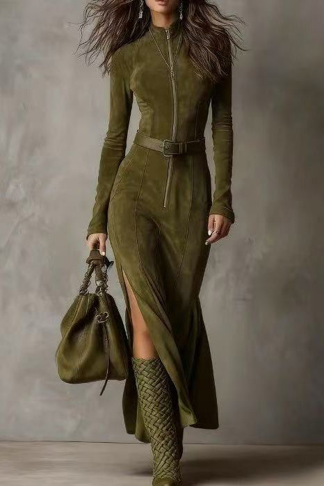 Elegant Dark Brown Suede Drawstring Irregular Midi Dress