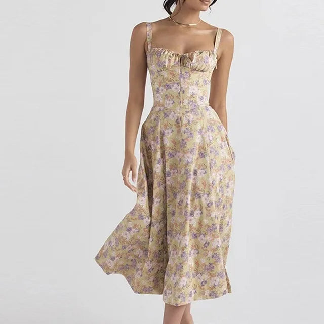 Aurora Floral Corset Midi Dress | Sweetheart Neckline. Slit Skirt. Spaghetti Straps